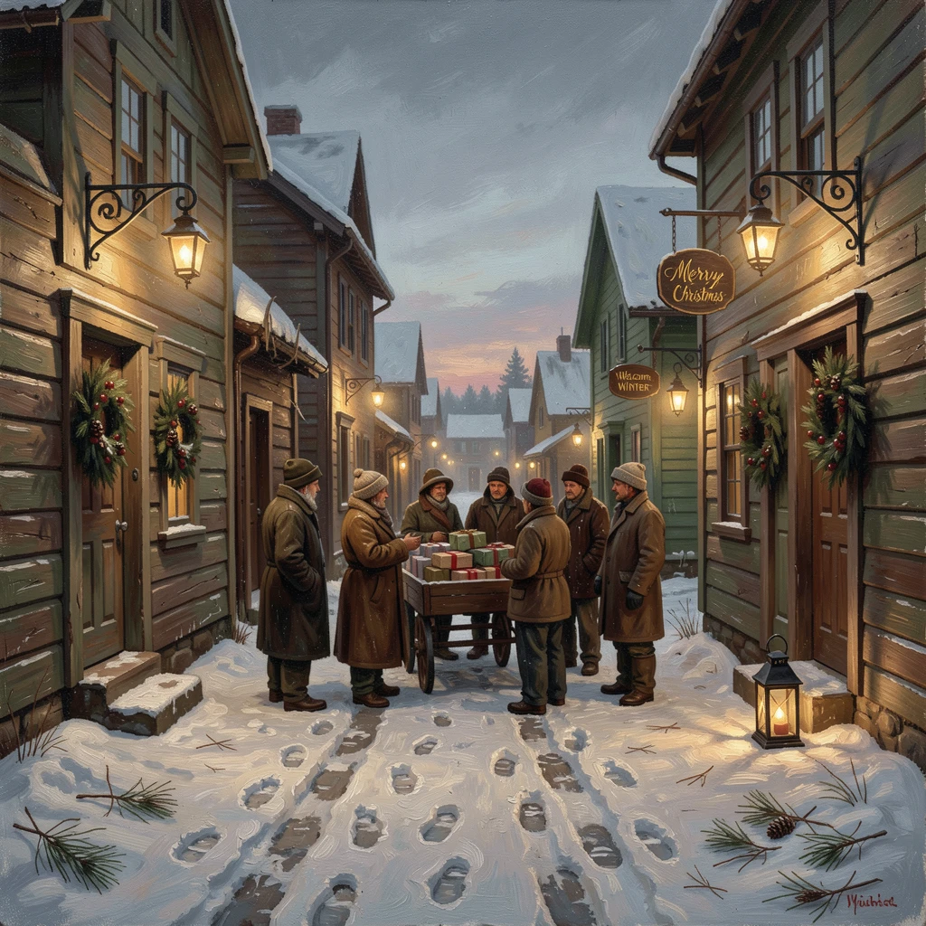A snowy village street lined with glowing lanterns and holiday wreaths, with rich seasonal colors filling every corner of the composition, evoking cherished holiday memories and nostalgic feeling