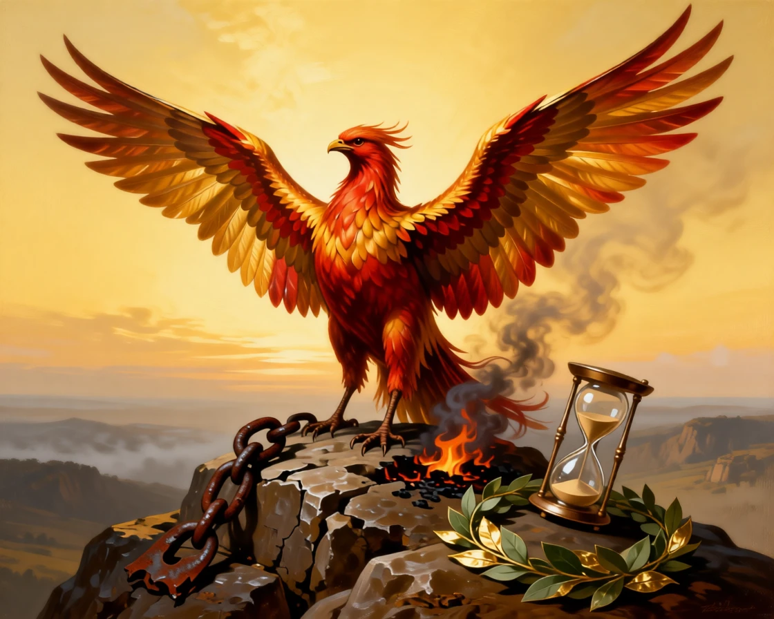 A phoenix rising from smoldering embers toward a golden sky as unseen forces of fate quietly converge, set atop a rocky promontory overlooking a vast unknown, with symbolic objects such as a broken chain, an hourglass, or a laurel wreath placed with quiet intention; the composition balances opposing symbolic elements on either side of the central figure, radiating timeless wisdom and moral clarity.