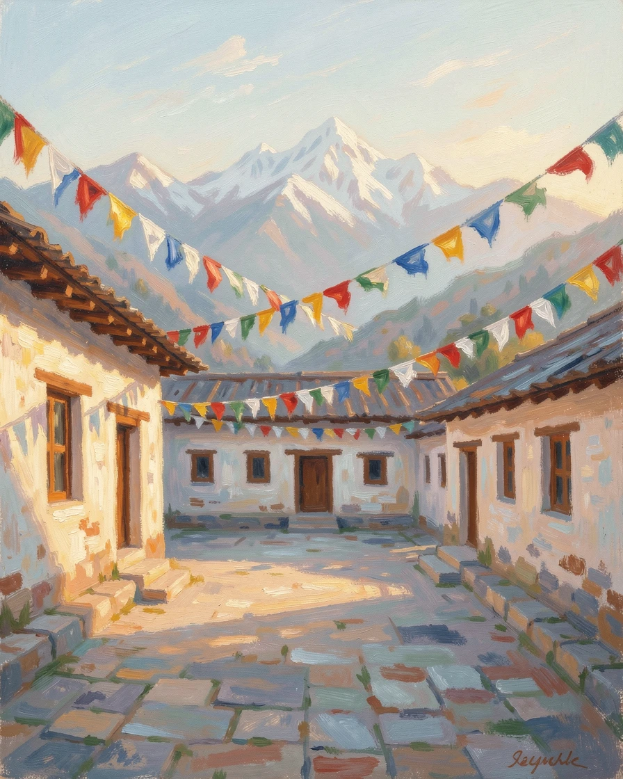 A quiet monastery courtyard in Bhutan, prayer flags fluttering against snow-capped Himalayan peaks, as the first light of dawn breaks.