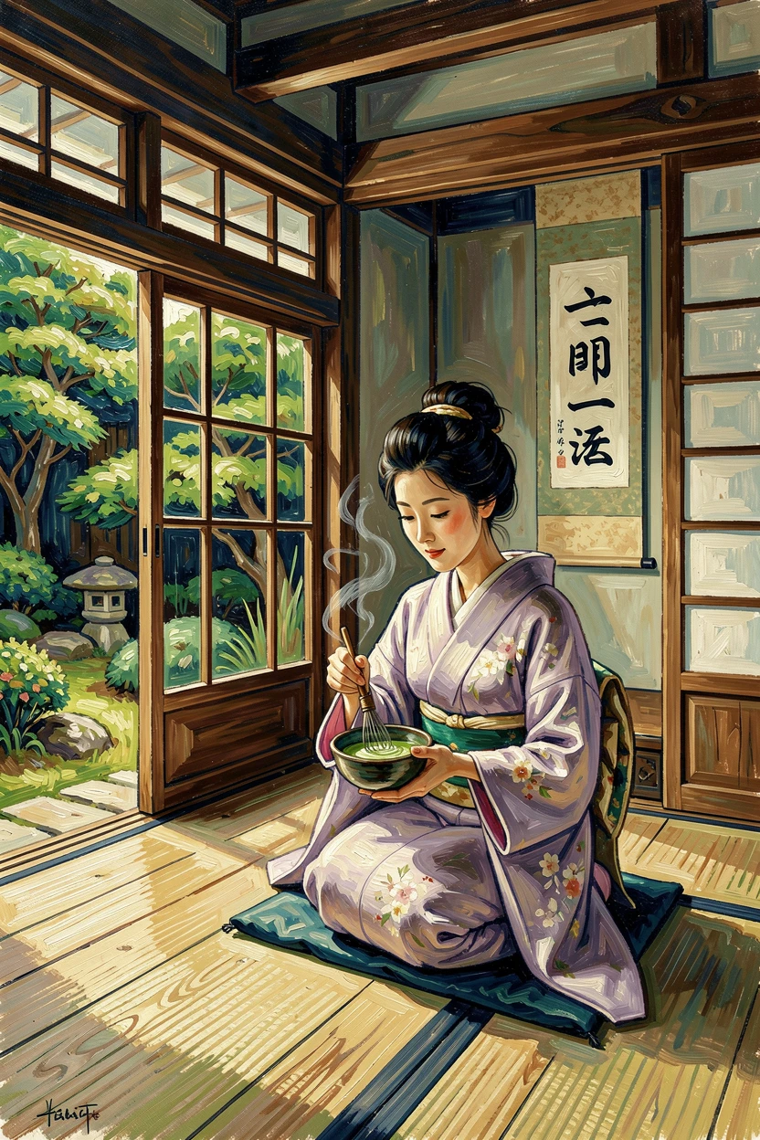A traditional tea ceremony taking place in a tranquil Kyoto garden house.