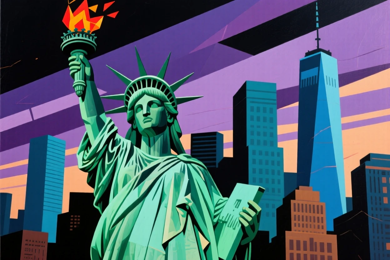 The Statue of Liberty standing tall against a dramatic New York skyline.