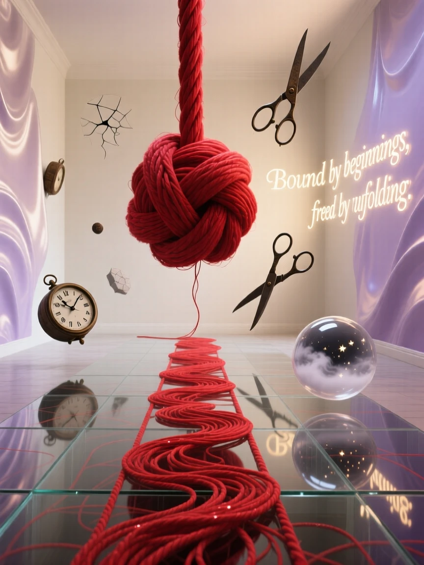 A tangled knot of red thread slowly unraveling into a straight line stands quietly at the center of an empty, soft-lit room, while the surrounding space feels calm, still, and open.