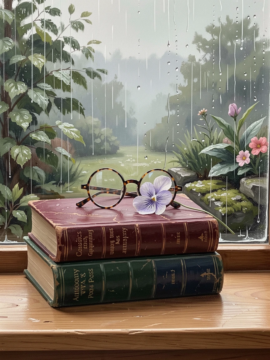 A stack of vintage hardcover books topped with reading glasses and a pressed flower sits on a windowsill overlooking a rainy garden, a faint haze softening the far horizon while nearer details remain crisp and vivid.