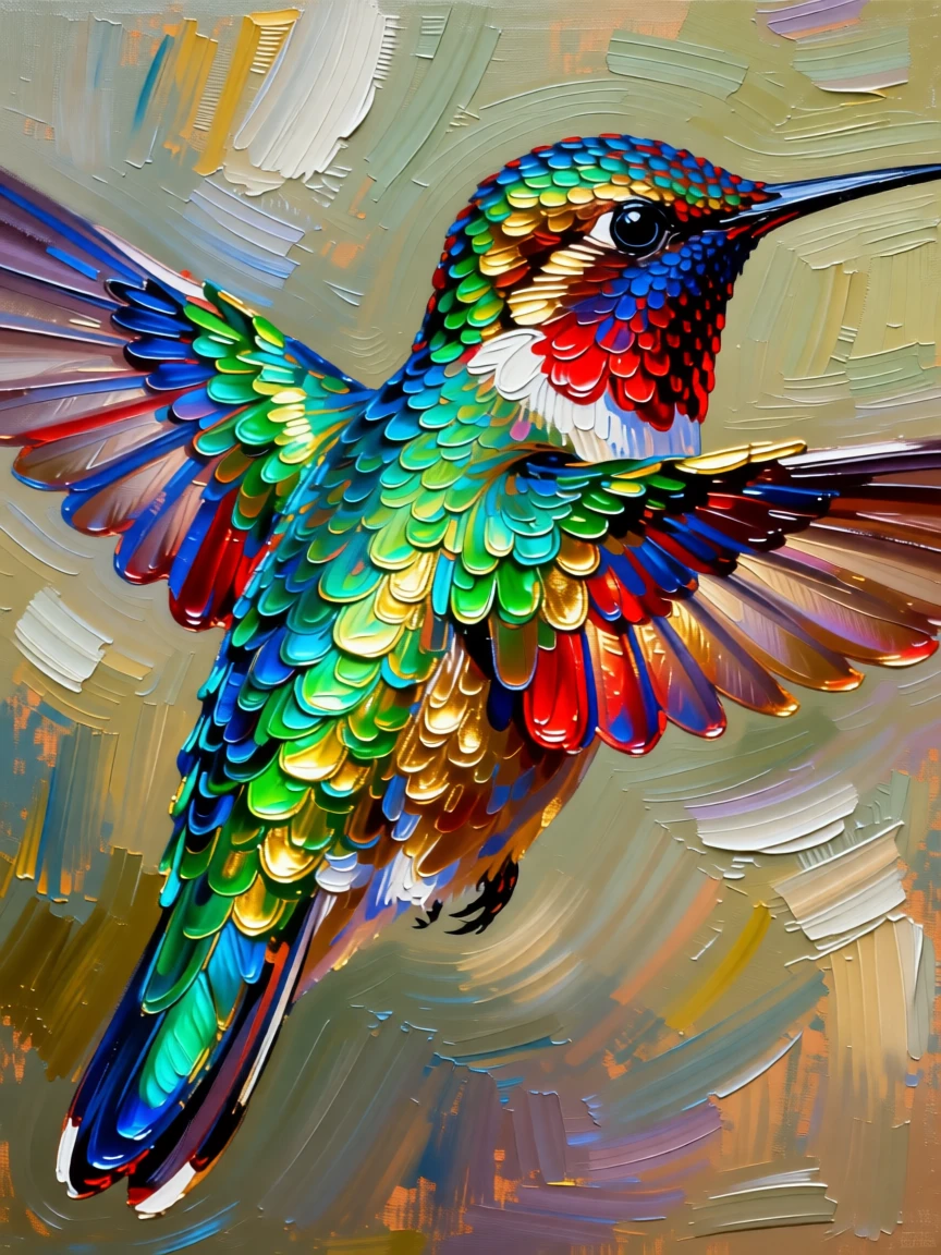 An extreme close-up of a hummingbird's iridescent feathers catching the light mid-flight