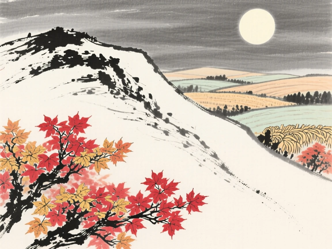 Maple leaves blaze red and gold across a mountain slope, as the harvest moon begins to rise over the fields.