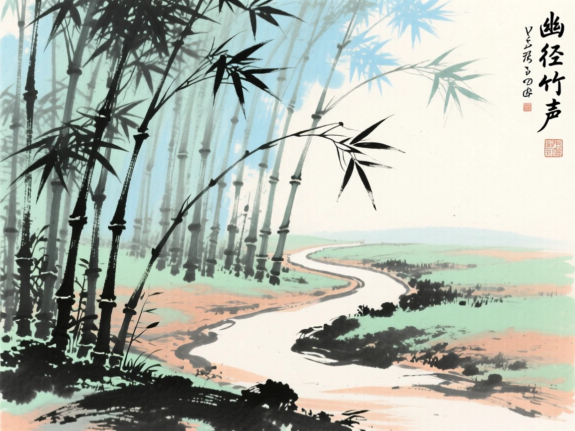 A quiet path through a bamboo grove with no one in sight, filled with tranquil stillness.