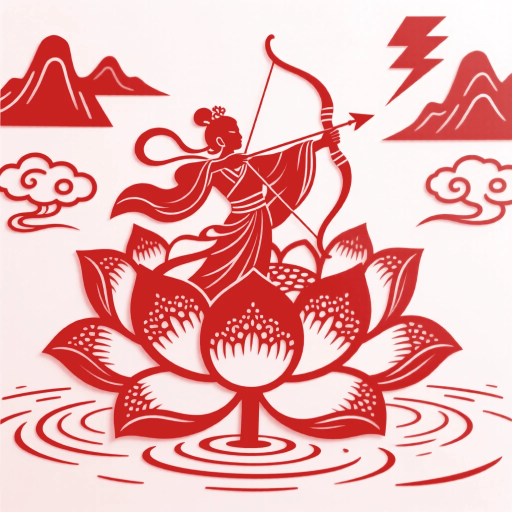 A celestial archer, emerging from a lotus blossom in a sacred pond, as thunder rumbles across distant peaks.