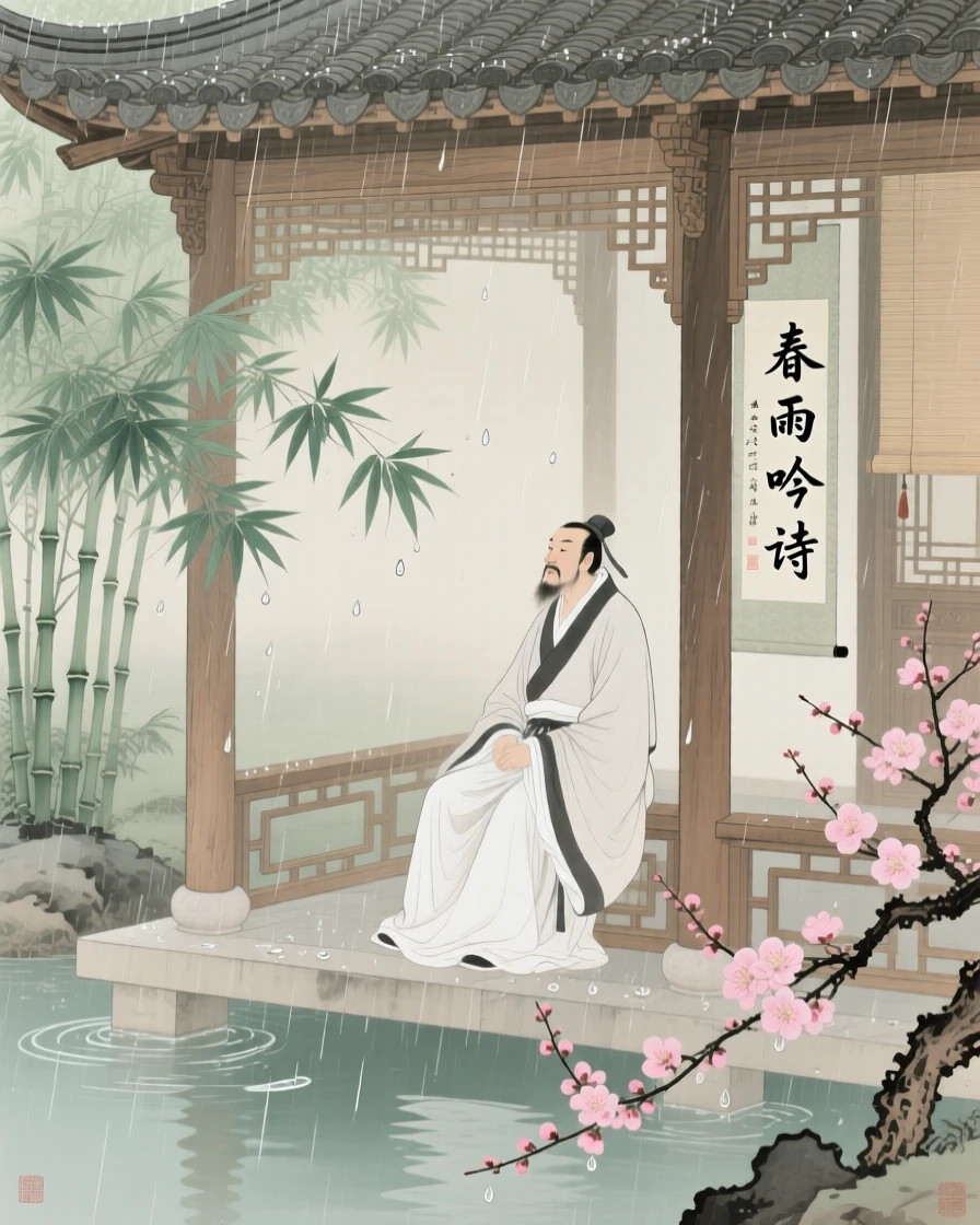 A poet composing verses beneath a pavilion during a spring rain