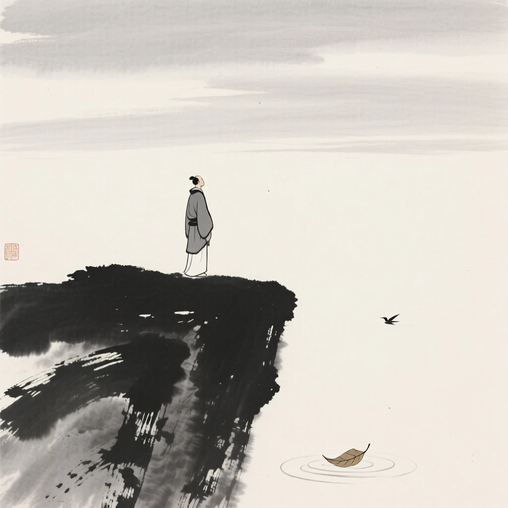 A solitary figure standing at the edge of a quiet cliff beneath a soft, overcast sky, balanced with a single small detail against a quiet backdrop, evoking deep introspection and quiet solitude.