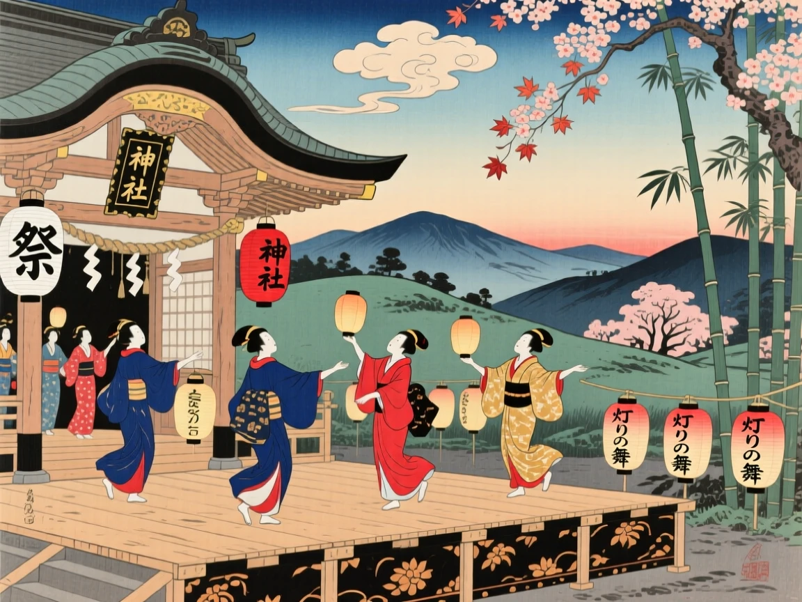 A lantern festival performing a traditional dance around a shrine.