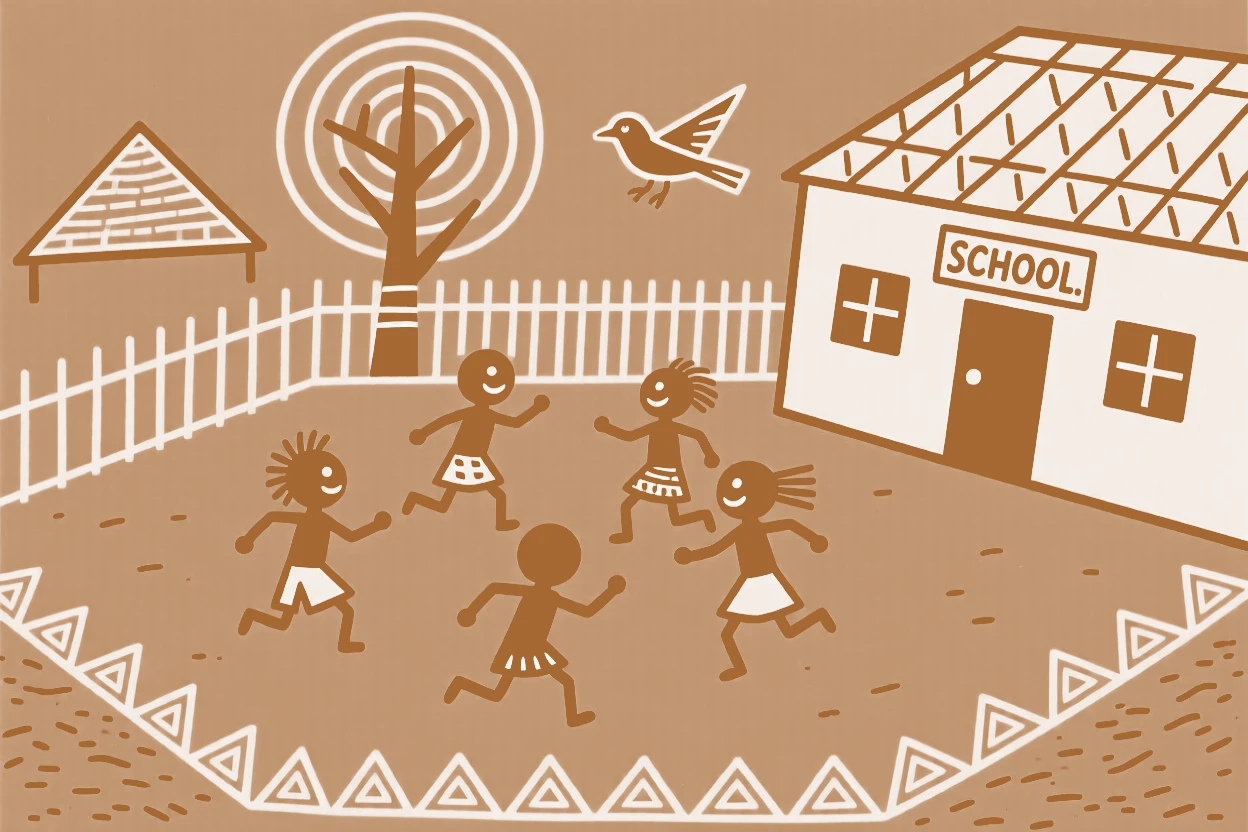 A group of children on a school break chasing each other around a courtyard.