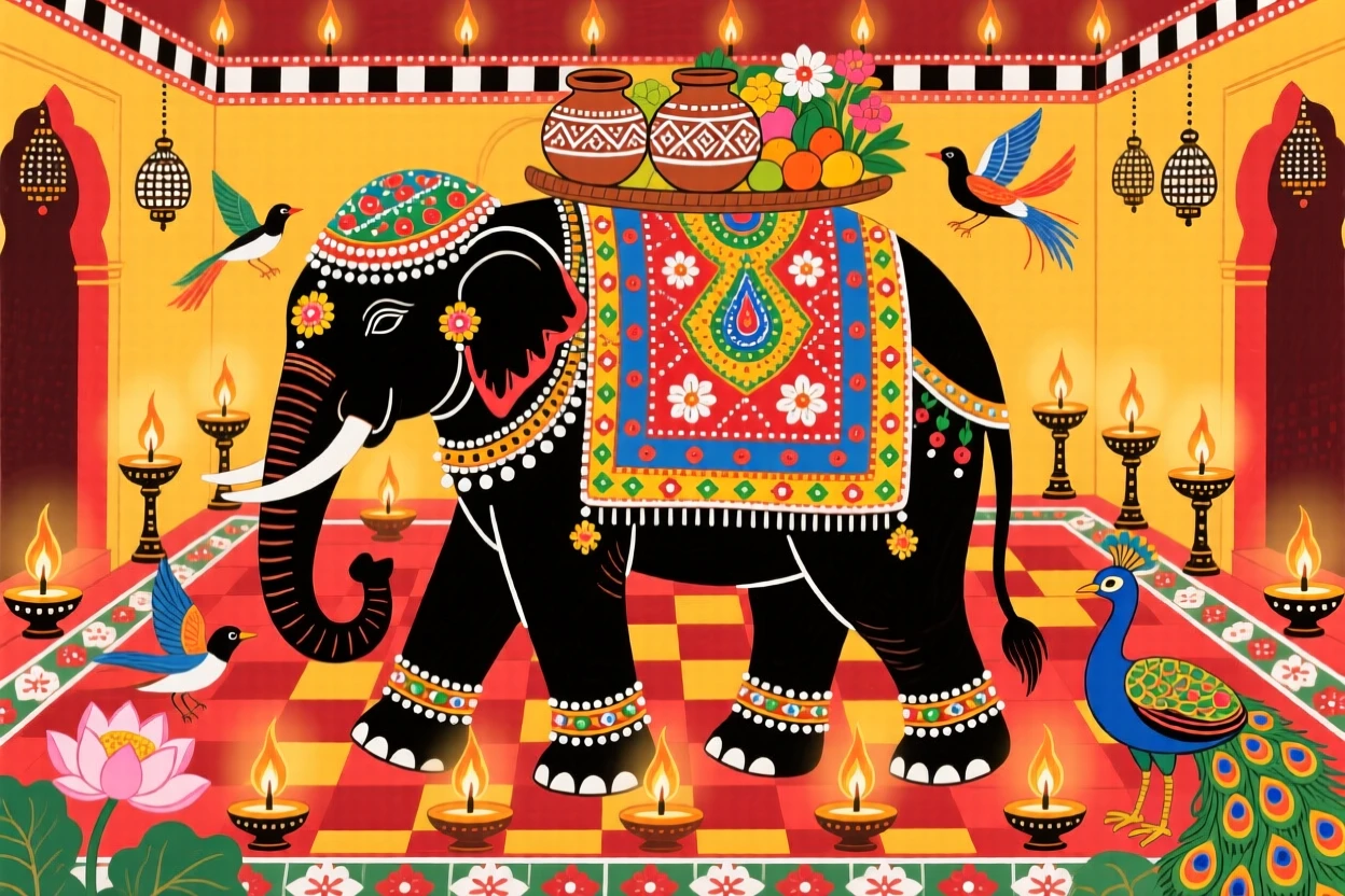 A temple elephant carrying offerings through a courtyard filled with lamps.