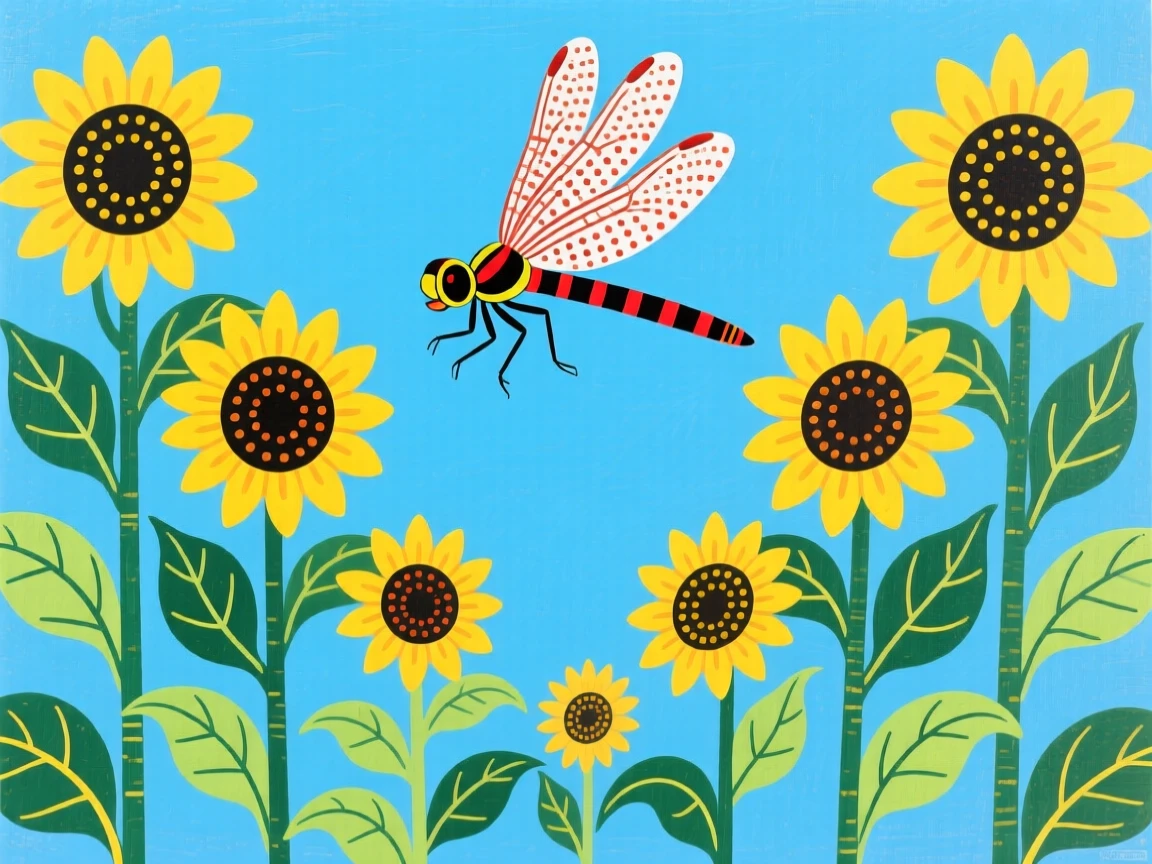 A dragonfly flitting between rows of sunflowers.