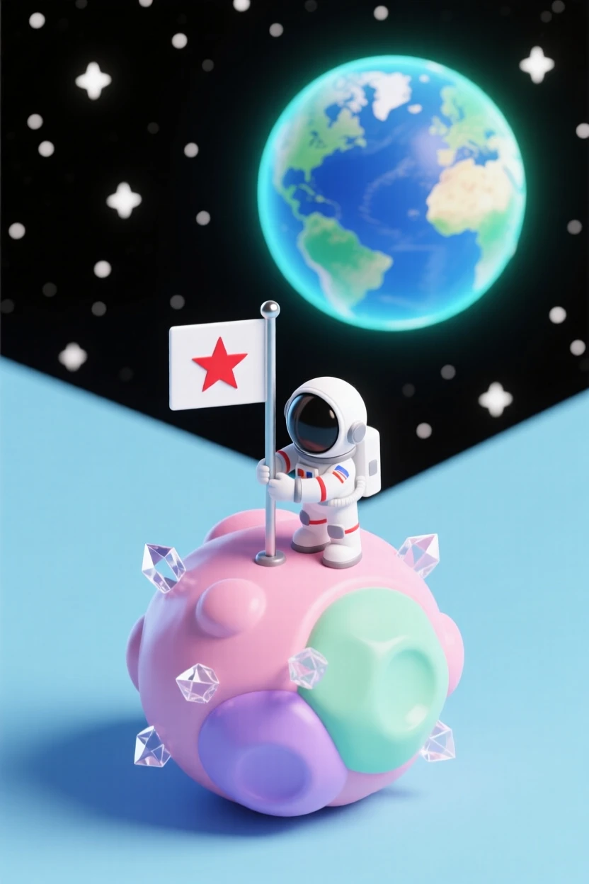 A young astronaut planting a flag on a candy-colored asteroid, Earth glowing softly in the starry background.