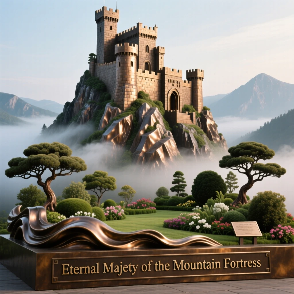 A majestic mountain fortress wrapped in morning fog, surrounded by lush, verdant gardens, exuding timeless grandeur