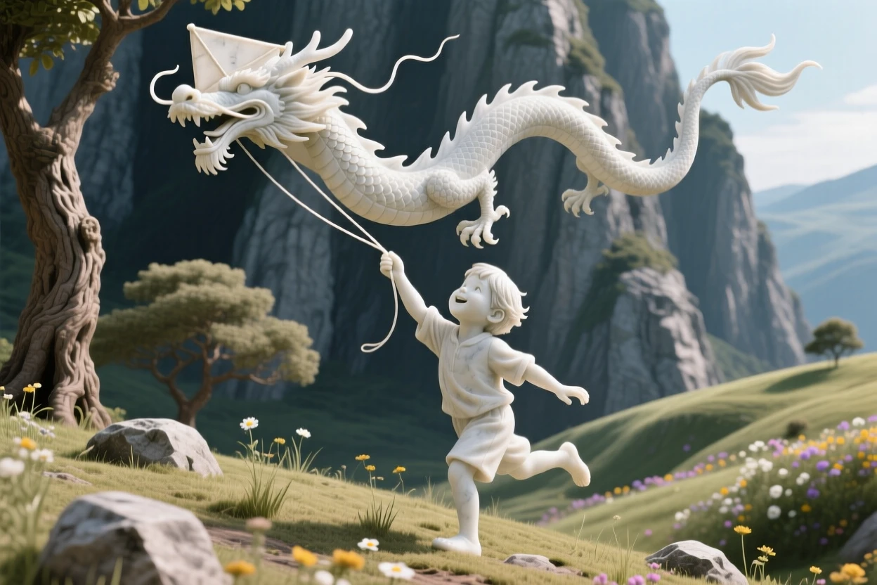 A vivid, emotionally rich scene of a child flying a kite shaped like a dragon, framed by dramatic natural scenery, designed to captivate and inspire