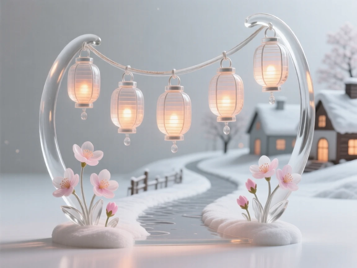 A string of lanterns lighting a path through a snowy village, as the first blossoms of spring begin to open