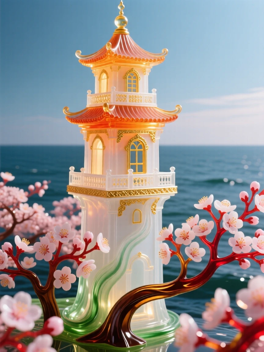 A grand temple bell tower rising above a sea of blossoming cherry trees, serene and iconic.