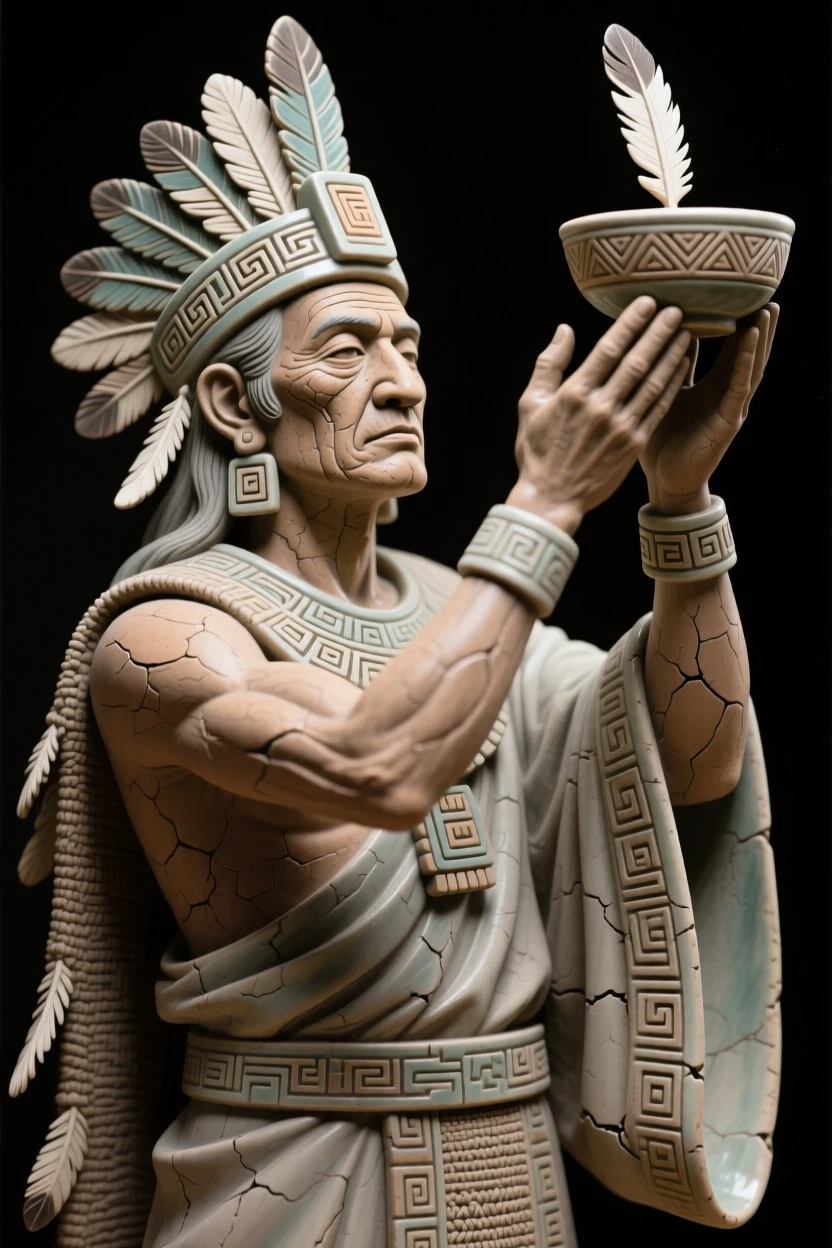 An Aztec priest raising ceremonial offerings captured mid-ceremony with solemn dignity, with weathered features telling silent stories, conveying quiet authority and enduring legacy.