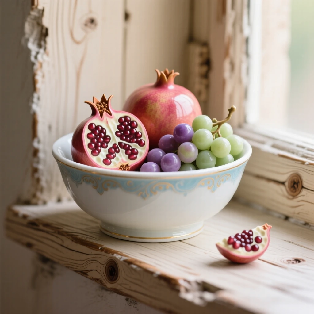 A refined still-life arrangement of a bowl of pomegranates and grapes on a rustic windowsill, rendered with rich, warm tones.