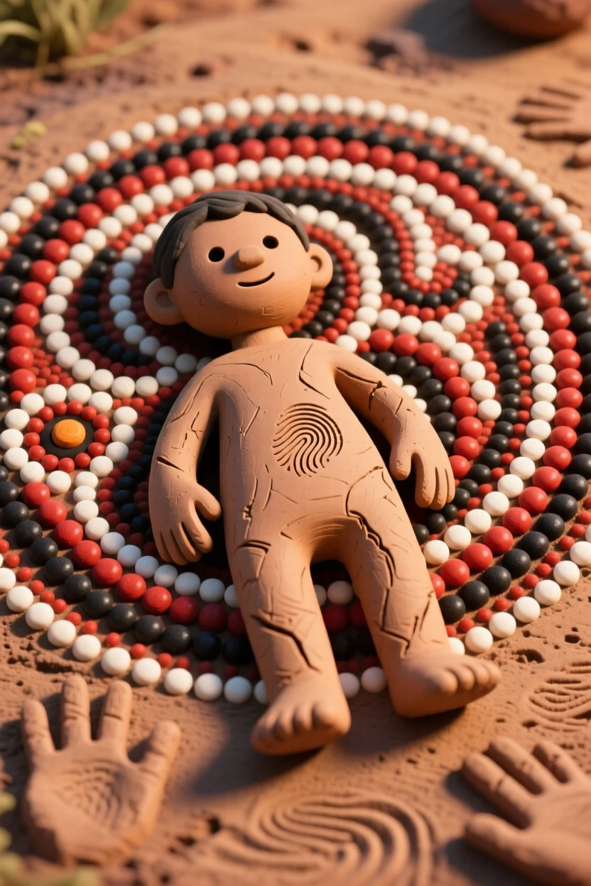 A traditional Australian Aboriginal dot painting laid on the ground