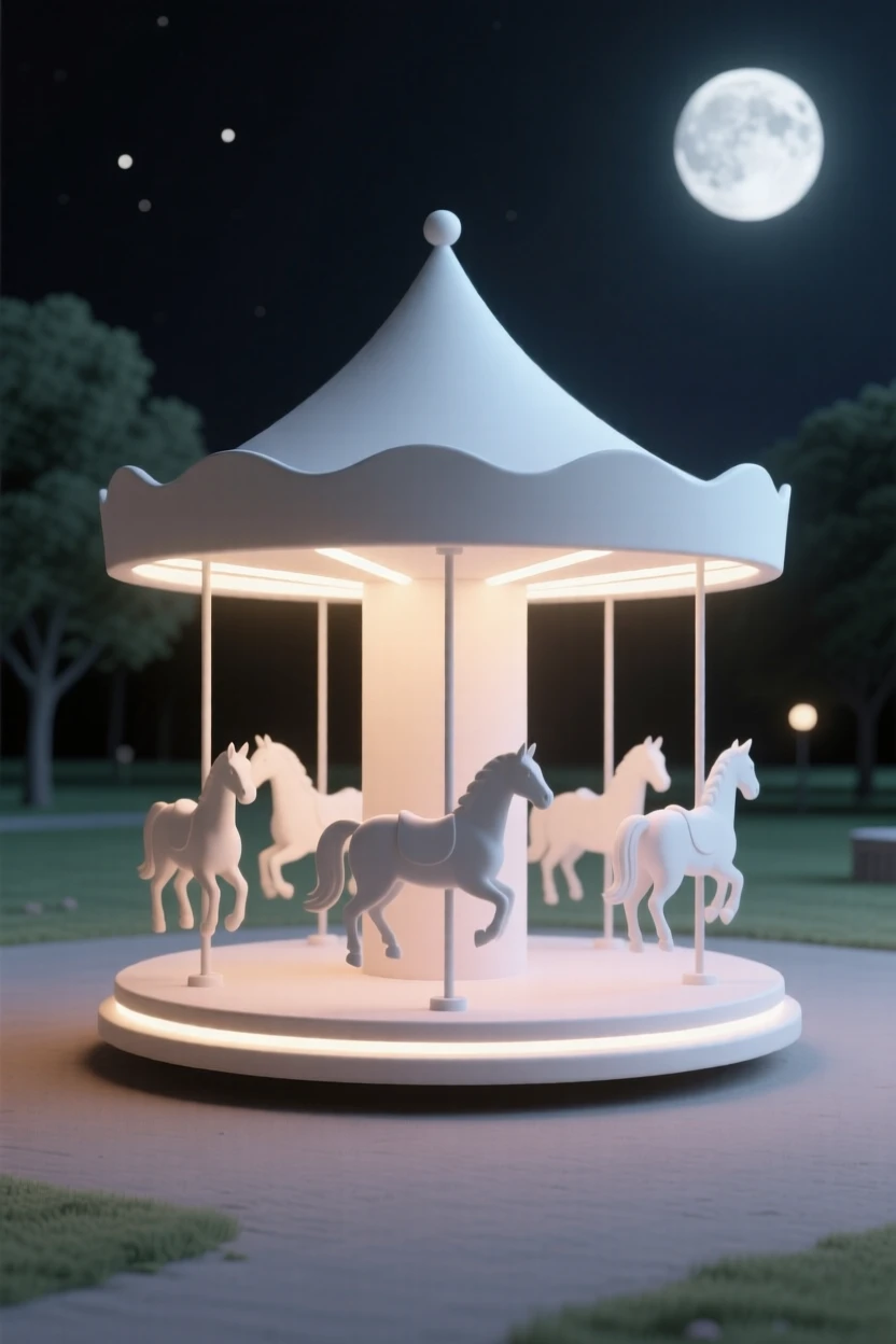 A magical carousel spins slowly in an empty moonlit park, painted horses glowing faintly from within.
