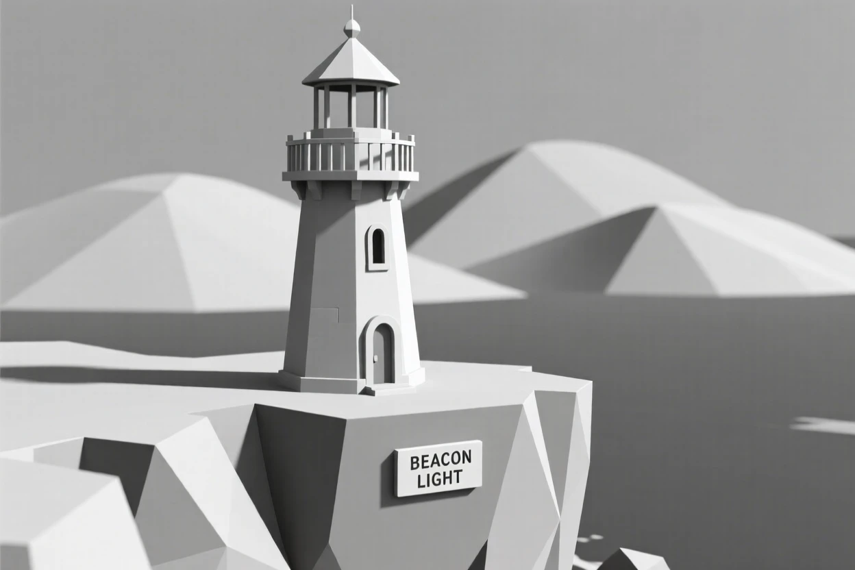 A historic lighthouse standing at the edge of a cliff, framed by distant rolling hills. vibrant color accents contrast against neutral stone. The mood feels romantic and picturesque.