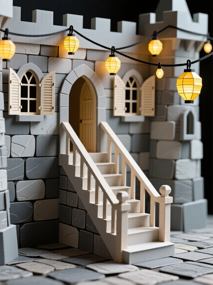A centuries-old stone castle illuminated by strings of warm lights, with a grand staircase sweeping through the center, capturing a sense of awe and craftsmanship.
