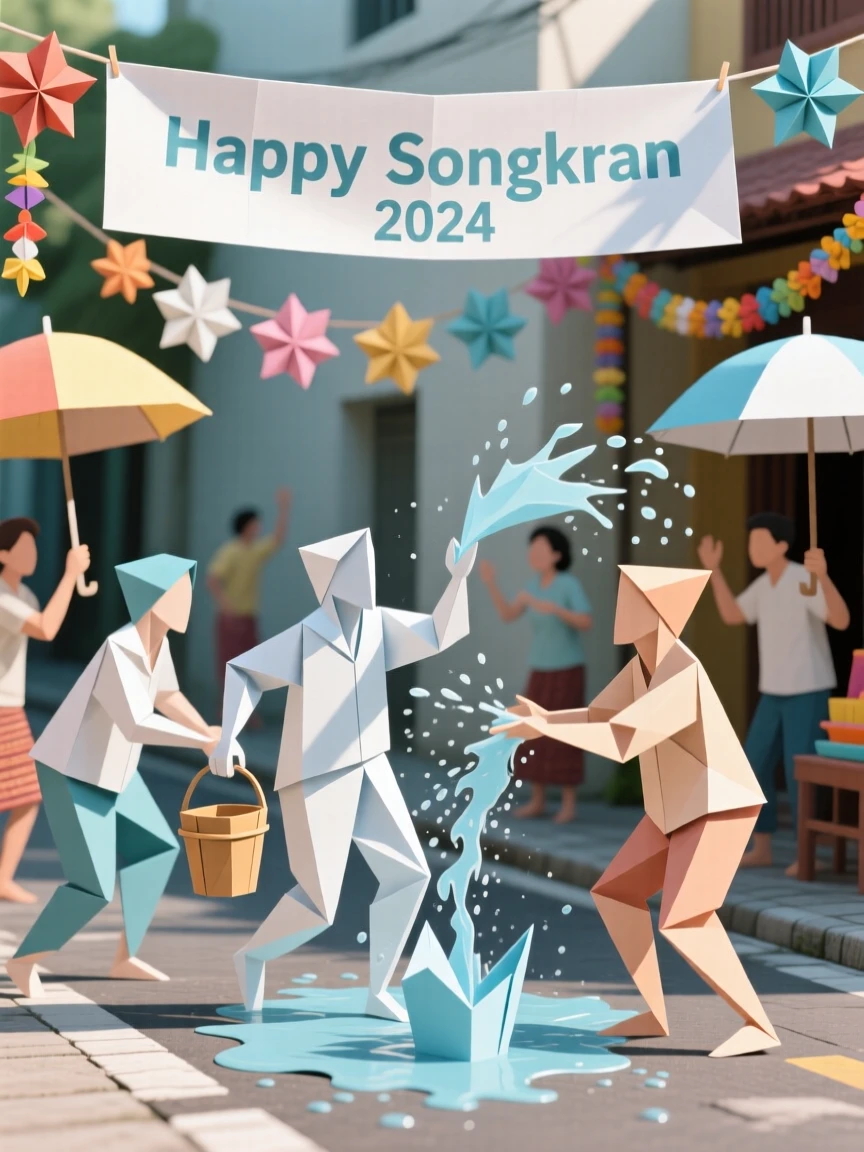 A Songkran water festival scene with people splashing water joyfully in the street.