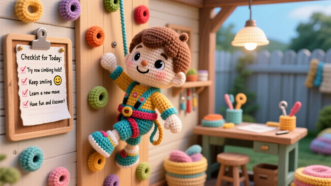 A cheerful scene of a small boy practicing rock climbing on a small indoor wall, reaching confidently for the next hold within a quiet backyard workshop; a cheerful checklist pinned to a board nearby, full of joyful discovery and playful learning.