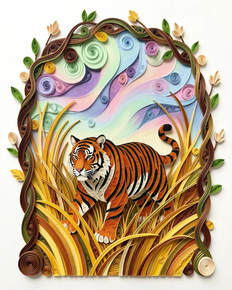 A striking wildlife scene of a tiger prowling through tall golden grass beneath a sky shimmering with soft aurora colors, beneath a sky streaked with vivid color, framed through a natural archway of branches.