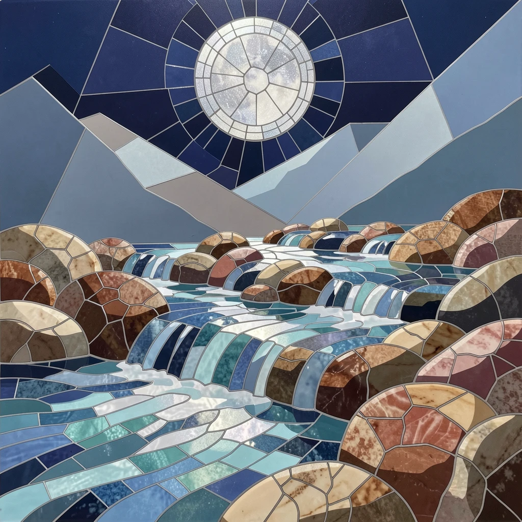 A crystal-clear mountain stream tumbling over smooth river stones, glowing under the silver light of a full moon.