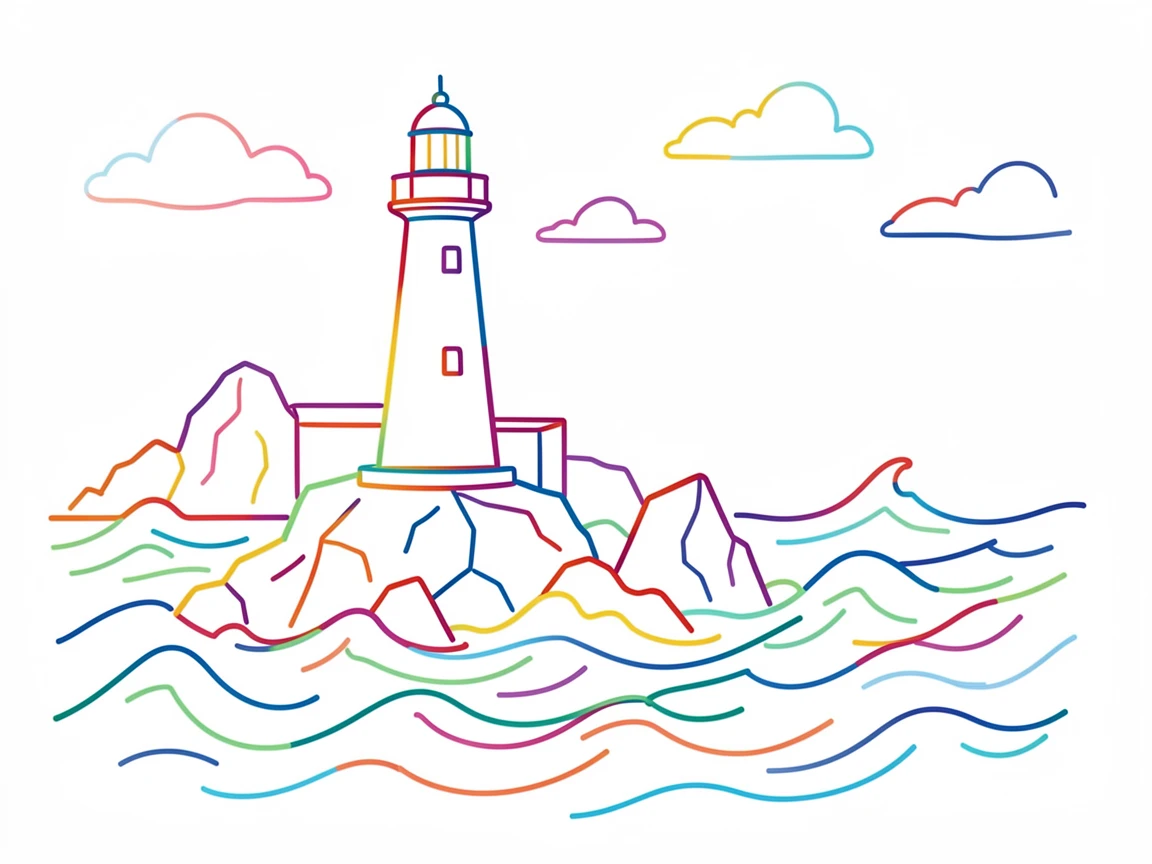 A single lighthouse standing watch over a rocky, storm-tossed coastline.