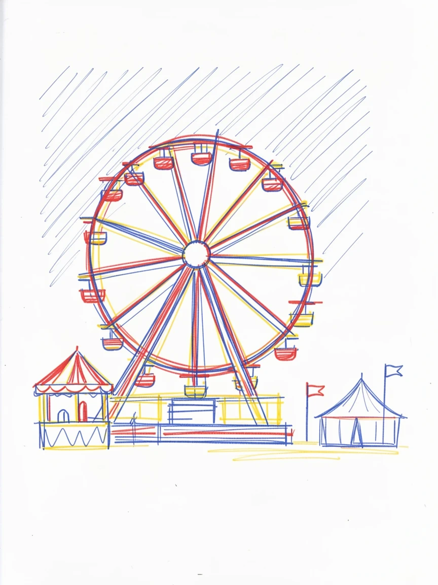 A festive county fair with a Ferris wheel lit up against a night sky