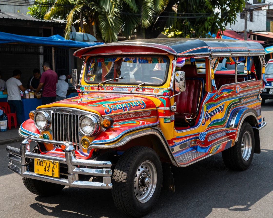 A Filipino jeepney decorated with vibrant colors and chrome