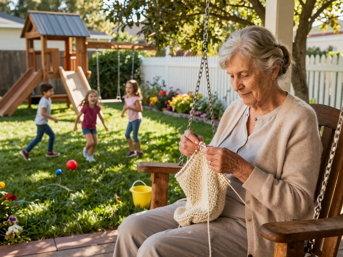 An elderly woman knits a sweater while watching grandchildren play in a backyard.