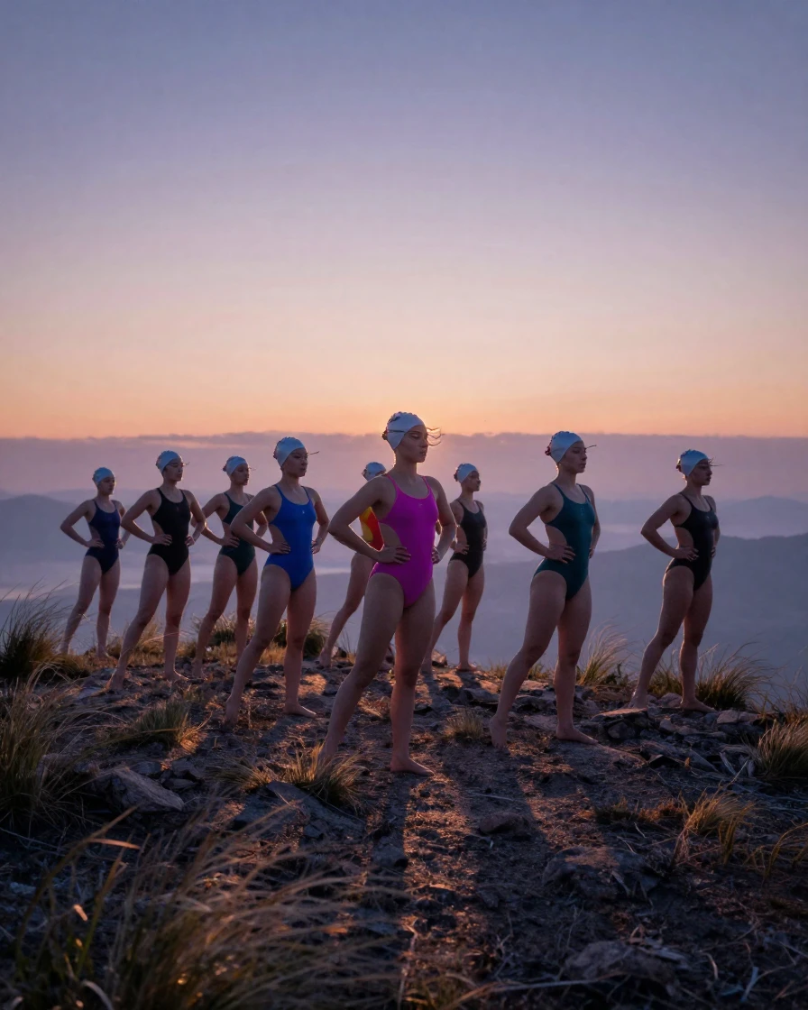 A team of synchronized swimmers training at dawn before the world wakes atop a windswept ridge