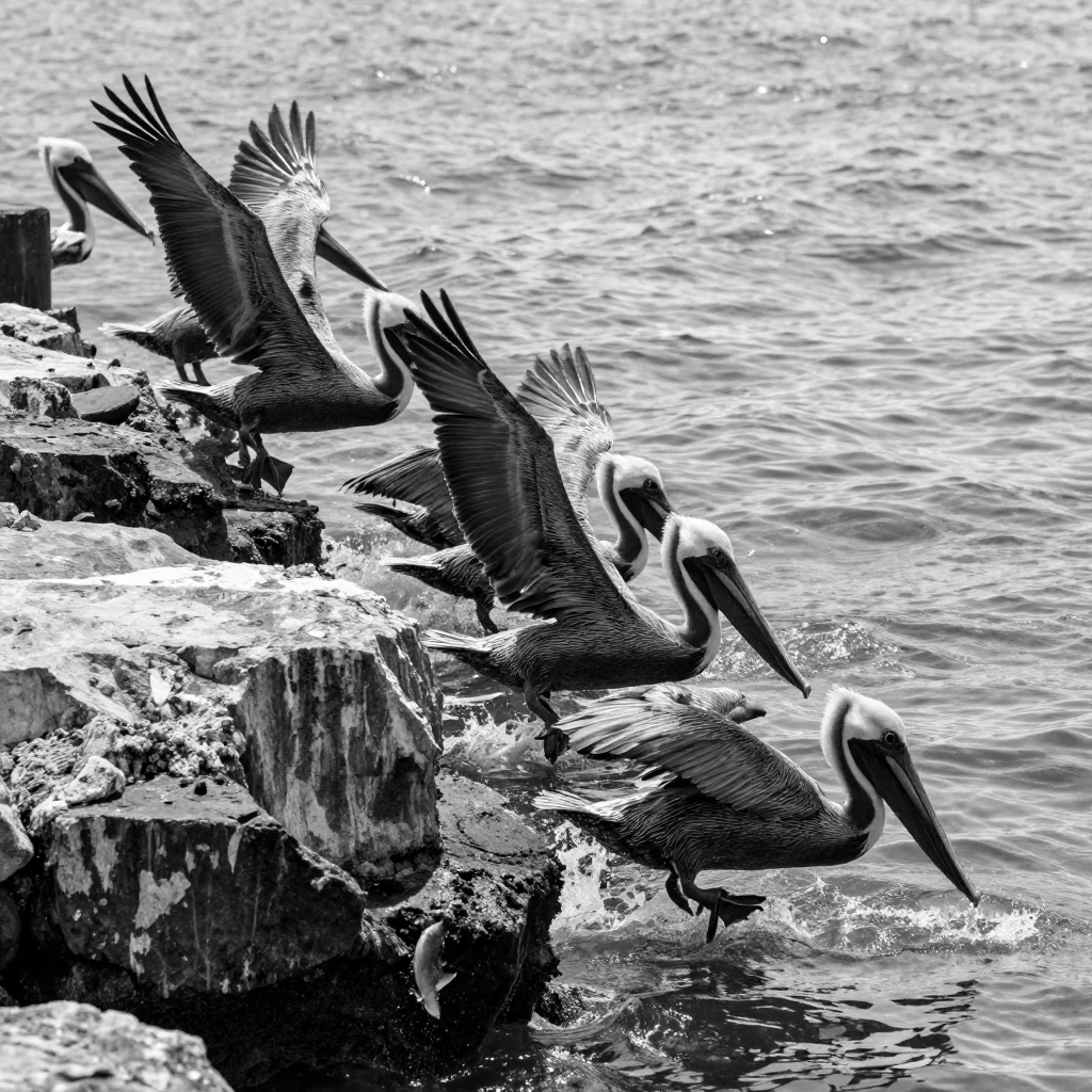 A group of pelicans dives in unison for fish off a rocky pier.