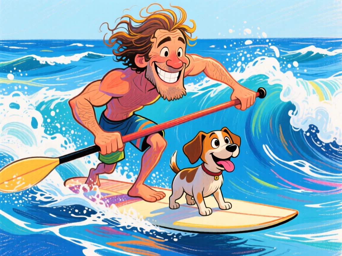A surfer paddling out with his dog balanced confidently on the front of the board.