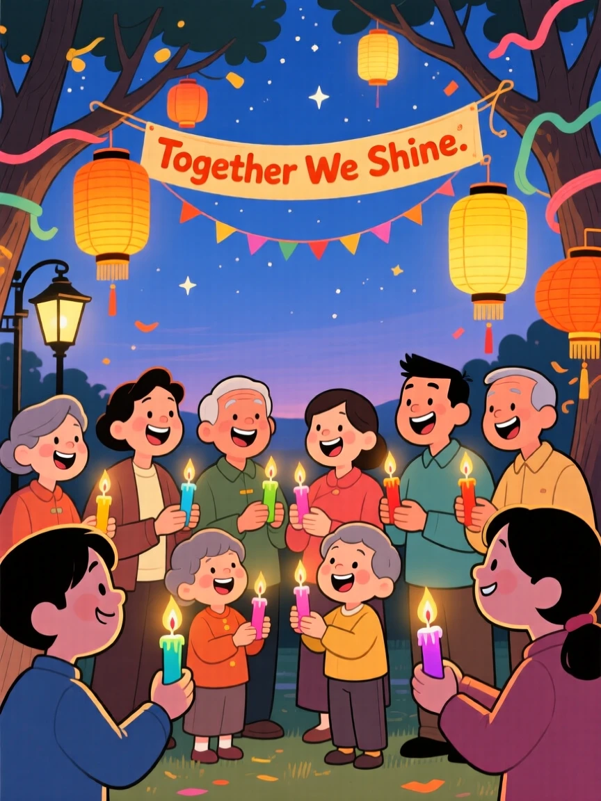 A festive celebration scene of a festive community lighting candles together during a quiet evening celebration, with warm lanterns glowing softly nearby.
