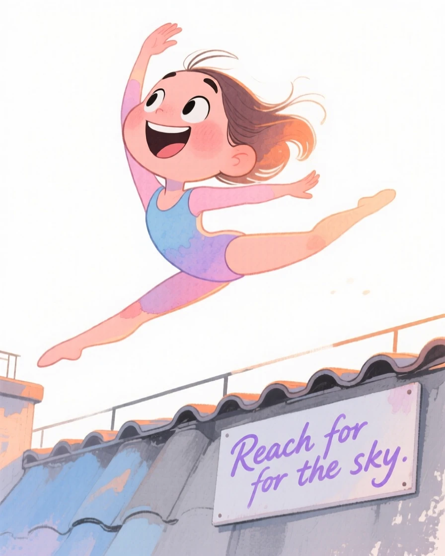 A gymnast playing passionately on a rooftop at dusk