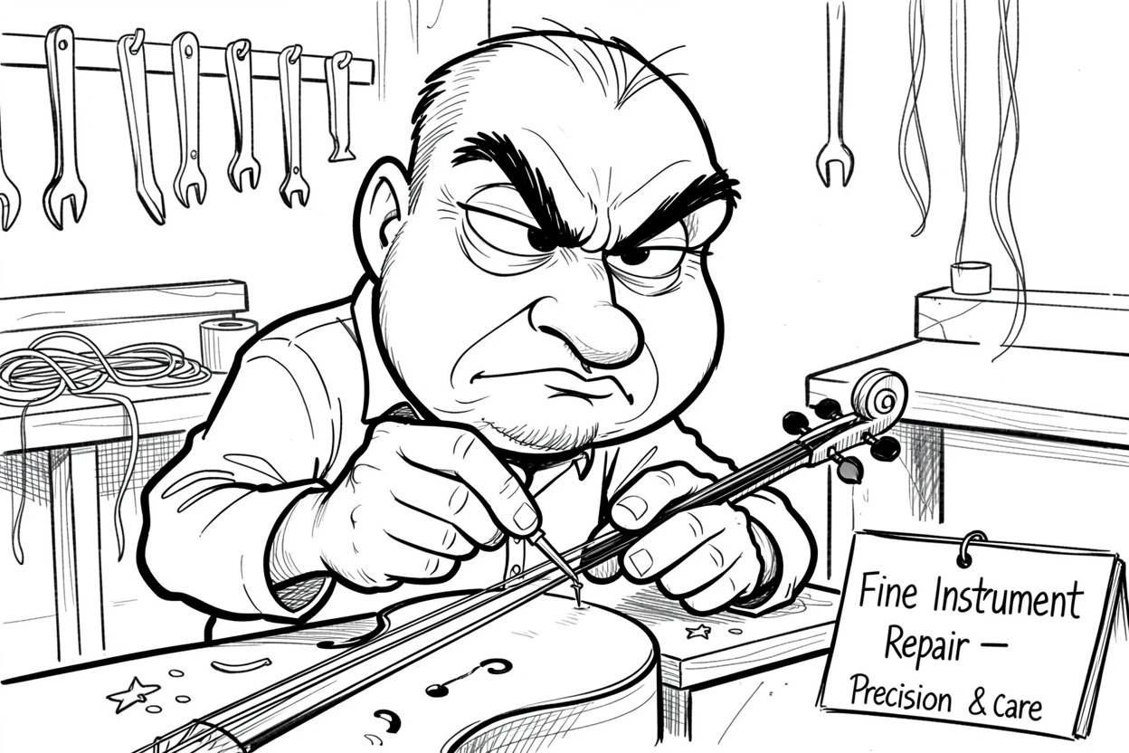 [Occupations & Hobbies] Detailed scene of a focused instrument repairer perfecting a fine detail, showcasing skill and dedication