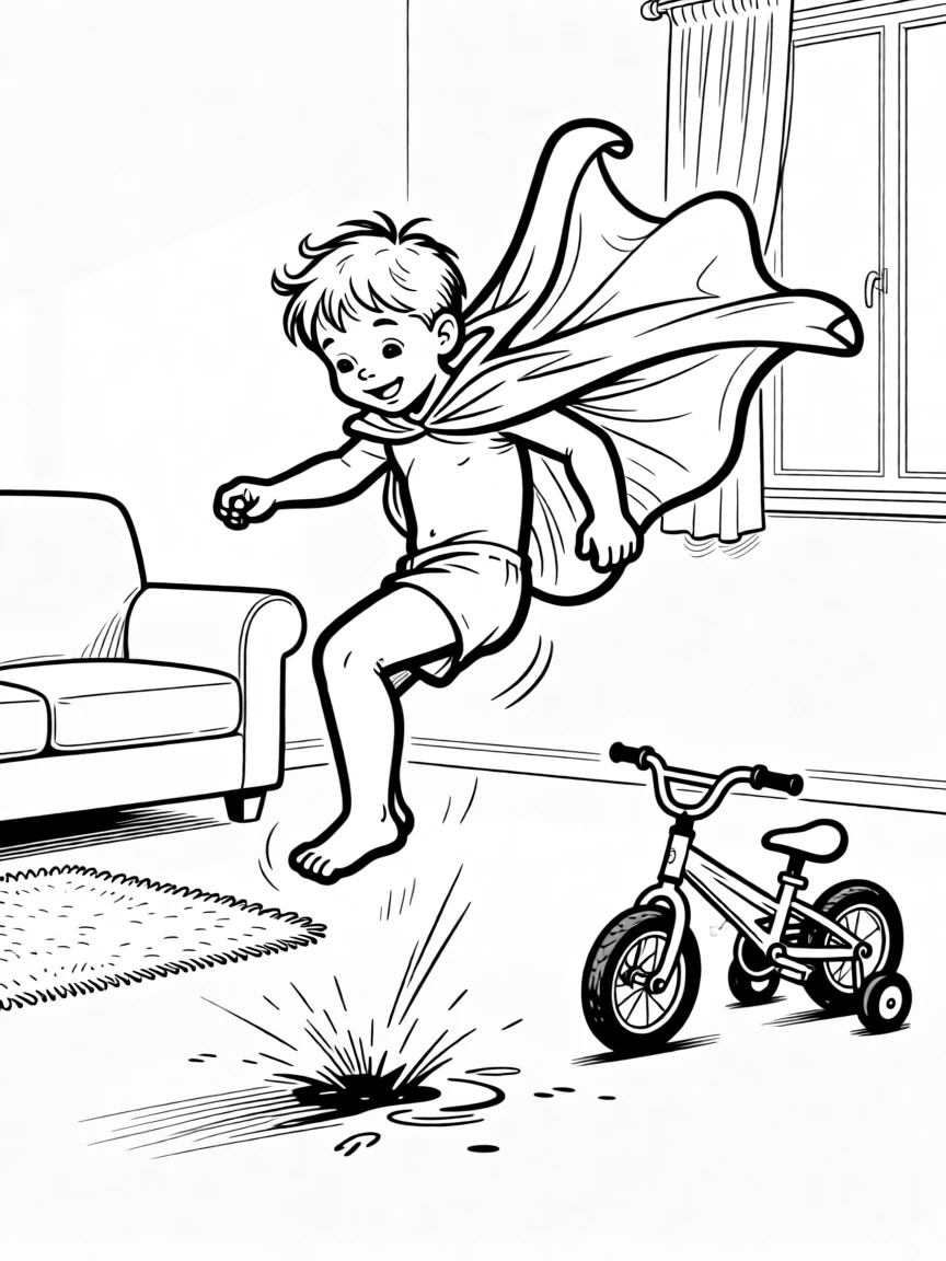 A toddler taking his very first wobbly steps, landing in a heap with legs comically tangled, set in a living room draped in a bedsheet cape. A tiny bicycle with training wheels waits nearby. It's a burst of pure, unfiltered childhood joy.