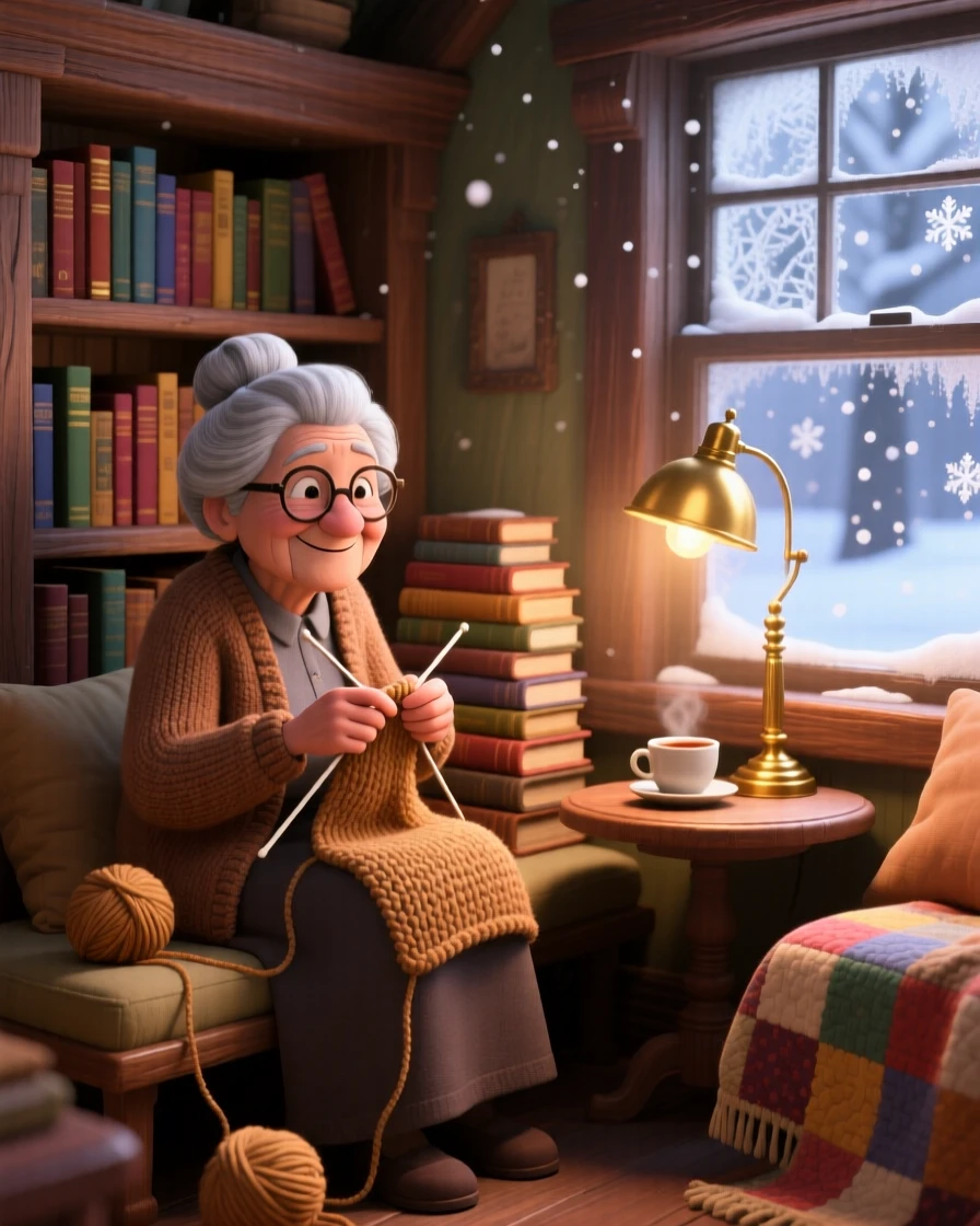 A grandmother knitting quietly sits in a small library nook stacked with old books, watching snowflakes drift past the window. The atmosphere is warm, unhurried, and peaceful, with a stack of books piled beside them.