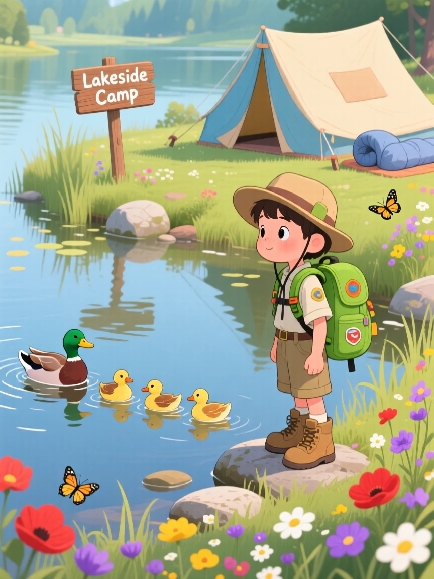 A young explorer with a backpack pauses while watching a family of ducks cross a pond in a quiet lakeside campsite, as wildflowers sway in the breeze.