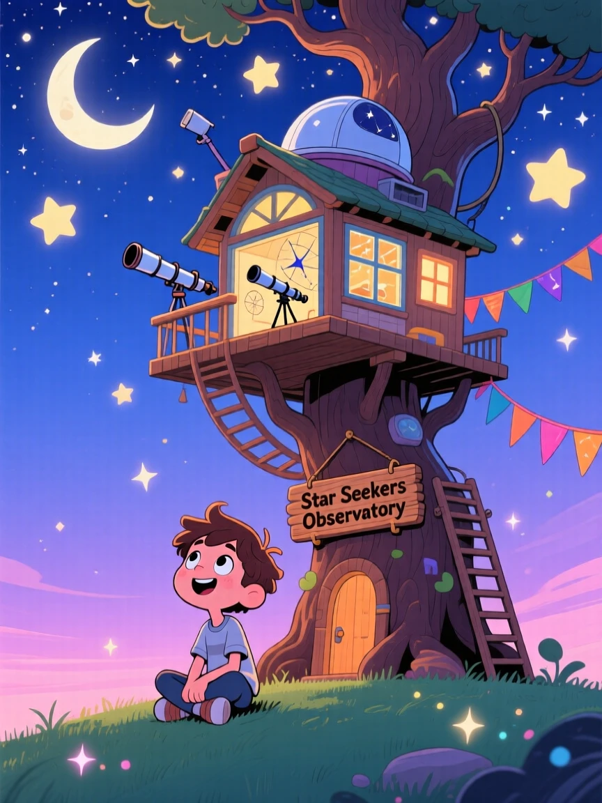 A boy dreaming of a treehouse observatory that reaches the stars.