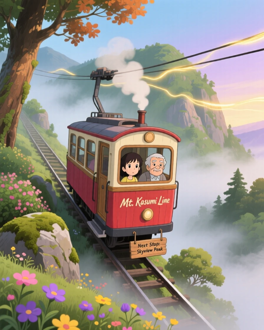 A charming scene of a cable car climbing steeply up a misty mountainside, with steam and light trailing behind it.