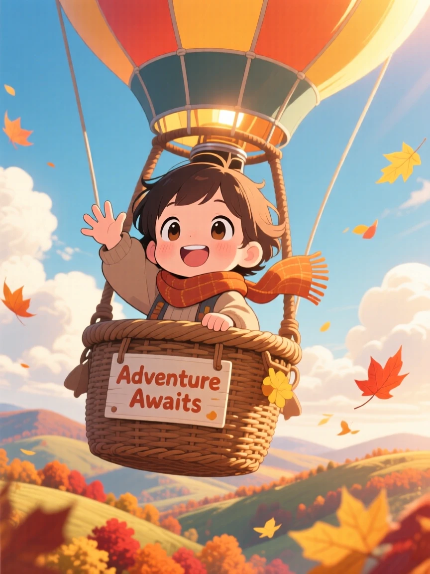 A small child waving from a hot air balloon basket in a sky full of fluffy clouds over rolling hills with autumn leaves swirling around; rays of sunrise breaking through clouds washes over the scene as triumphant pride fills the moment. Close-up portrait.