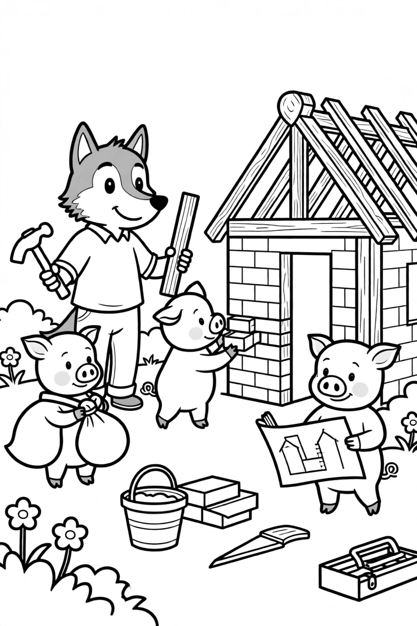 A friendly wolf helping three little pigs build a sturdy house