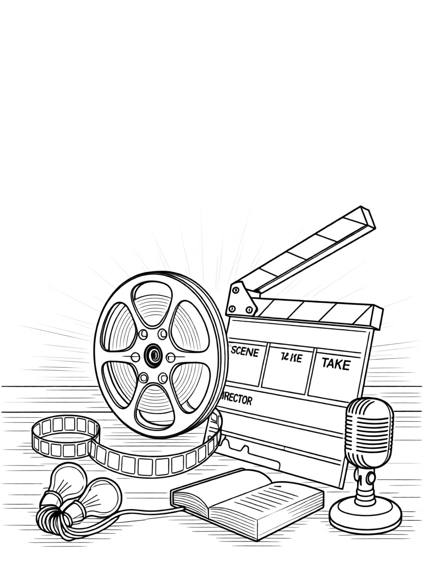 A film reel unspooling beside a director's clapperboard, with warm light spilling across the workspace.